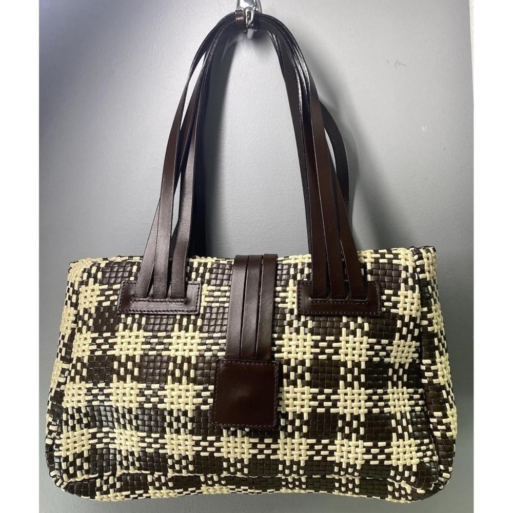 Pancani Firenze Woven Checkered Leather Trim Shoulder Bag Brown Cream Made Italy
